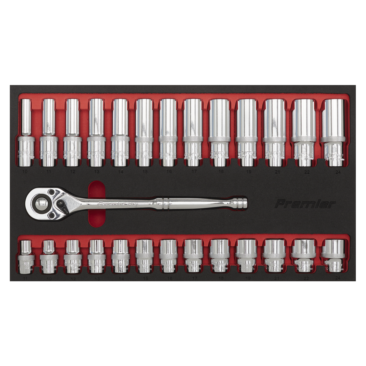 The Sealey Ratchet Wrench & Socket Set 27pc 1/2"Sq Drive - AK66723 includes various sockets organized in a foam tray. This set features a 72-tooth ratchet wrench and multiple socket sizes, neatly arranged in rows with clear visibility.