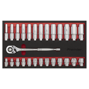 The Sealey Ratchet Wrench & Socket Set 27pc 1/2"Sq Drive - AK66723 includes various sockets organized in a foam tray. This set features a 72-tooth ratchet wrench and multiple socket sizes, neatly arranged in rows with clear visibility.