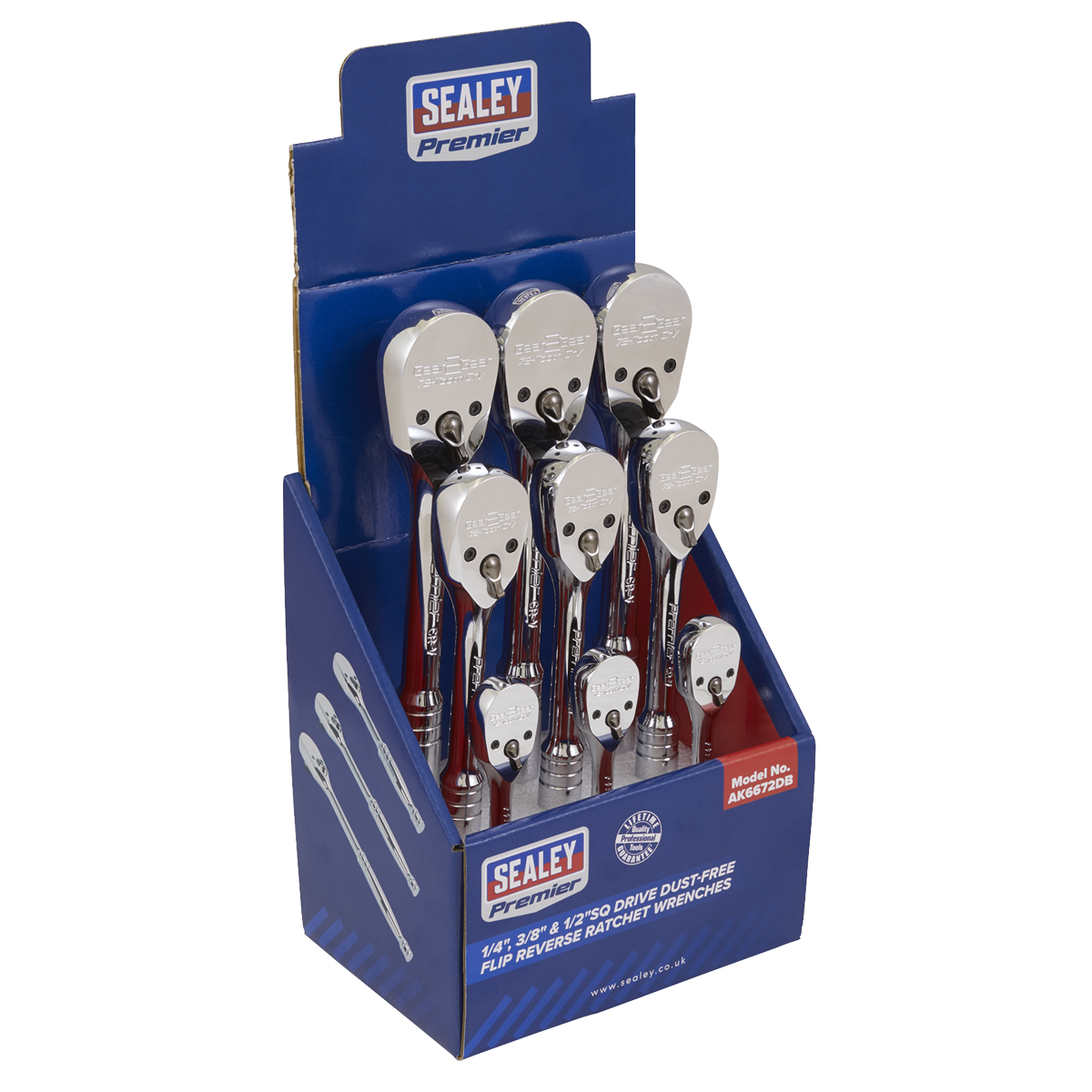 Ratchet Wrenches 1/4", 3/8" & 1/2"Sq Drive Pear-Head Flip Reverse Display Box of 9 - AK6672DB - Farming Parts