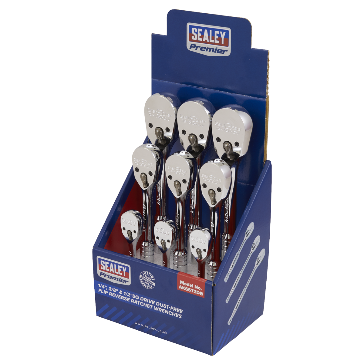 Ratchet Wrenches 1/4", 3/8" & 1/2"Sq Drive Pear-Head Flip Reverse Display Box of 9 - AK6672DB - Farming Parts