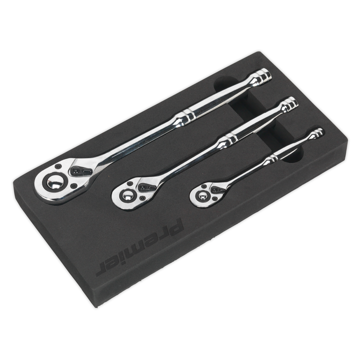 Three Sealey Ratchet Wrench Set 3pc Pear-Head Flip Reverse wrenches of varying sizes are neatly placed in a black foam tool tray, crafted from durable Chrome Vanadium steel.