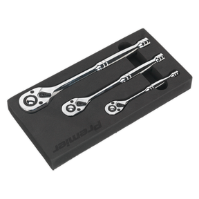 Three Sealey Ratchet Wrench Set 3pc Pear-Head Flip Reverse wrenches of varying sizes are neatly placed in a black foam tool tray, crafted from durable Chrome Vanadium steel.