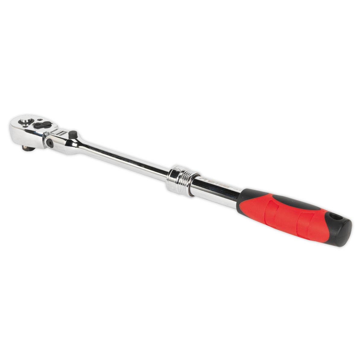 The Sealey Flexi-Head Ratchet Wrench 3/8"Sq Drive Extendable - AK6681, equipped with a black and red ergonomic handle, features a 180° locking flexi-head made from Chrome Vanadium steel.