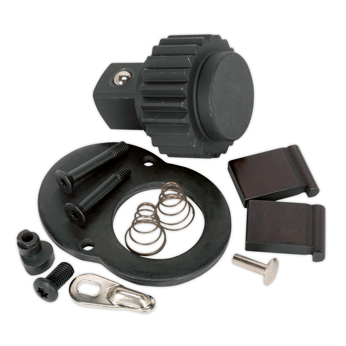 A Repair Kit for AK669 3/4"Sq Drive (model AK669.RK) from Sealey, featuring black and metallic mechanical components such as screws, springs, a large knob, and a ratchet wrench, meticulously arranged on a white background.