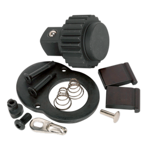 A Repair Kit for AK669 3/4"Sq Drive (model AK669.RK) from Sealey, featuring black and metallic mechanical components such as screws, springs, a large knob, and a ratchet wrench, meticulously arranged on a white background.