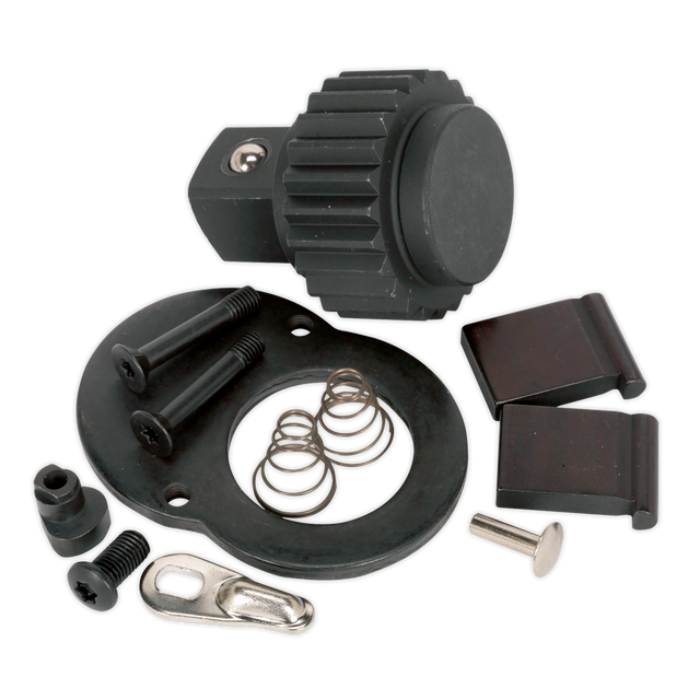 A Repair Kit for AK669 3/4"Sq Drive (model AK669.RK) from Sealey, featuring black and metallic mechanical components such as screws, springs, a large knob, and a ratchet wrench, meticulously arranged on a white background.