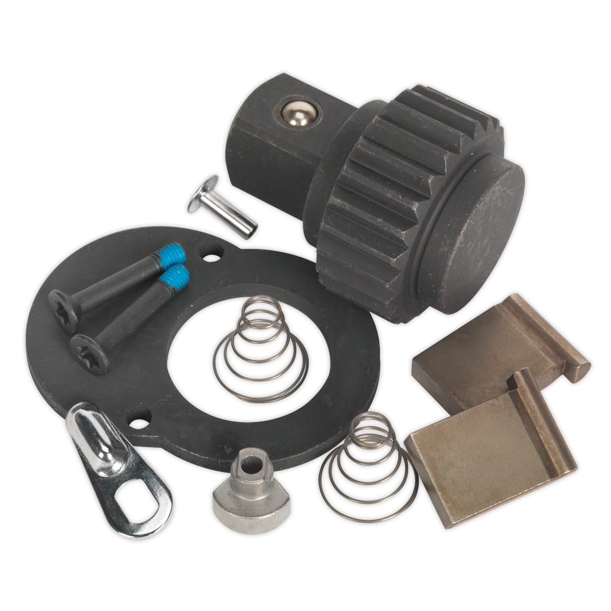 Assorted mechanical parts, including gears, springs, screws, and metal components arranged on a plain background—perfect for your Sealey Repair Kit for AK6691 3/4"Sq Drive - AK6691.RK.