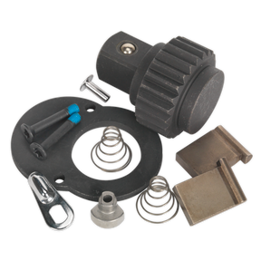Assorted mechanical parts, including gears, springs, screws, and metal components arranged on a plain background—perfect for your Sealey Repair Kit for AK6691 3/4"Sq Drive - AK6691.RK.