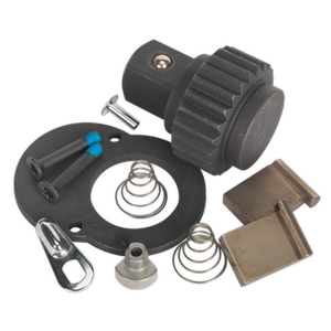 Assorted mechanical parts, including gears, springs, screws, and metal components arranged on a plain background—perfect for your Sealey Repair Kit for AK6691 3/4"Sq Drive - AK6691.RK.