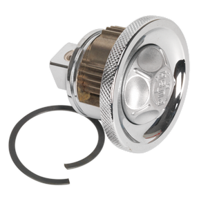 Close-up of a metallic, round keyed cam lock with a knurled grip, complemented by a circular retaining clip beside it. This robust component is part of the Sealey Repair Kit for AK6692 3/4"Sq Drive - AK6692.RK.