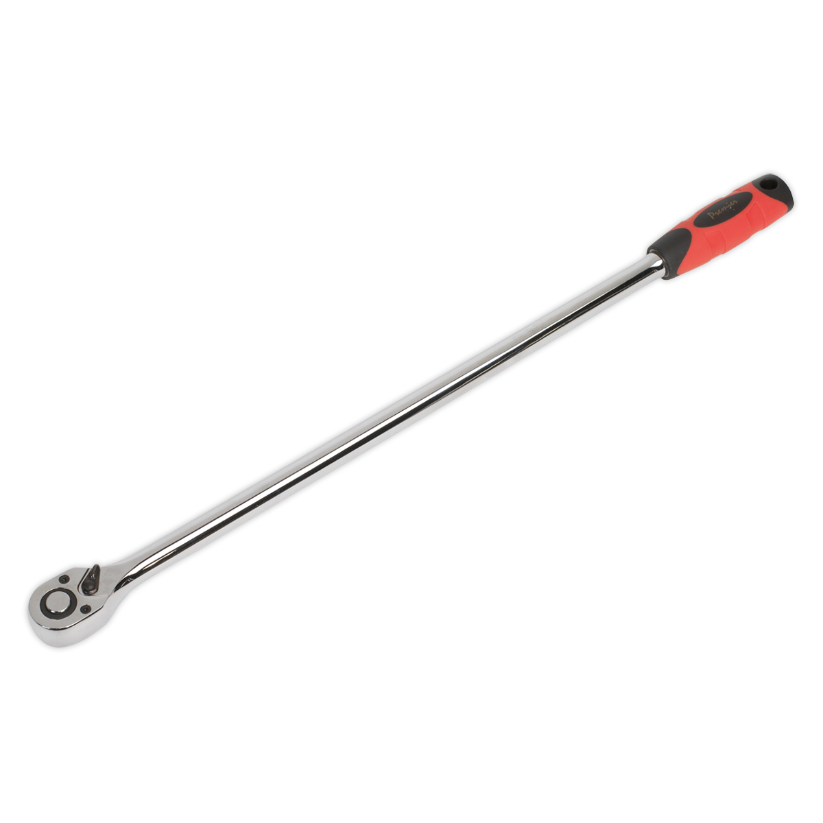 A Sealey Ratchet Wrench Extra-Long 600mm 1/2"Sq Drive - AK6695, featuring a 72-tooth pear-head design with a black and red grip and rotating socket head.