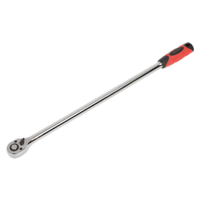 A Sealey Ratchet Wrench Extra-Long 600mm 1/2"Sq Drive - AK6695, featuring a 72-tooth pear-head design with a black and red grip and rotating socket head.