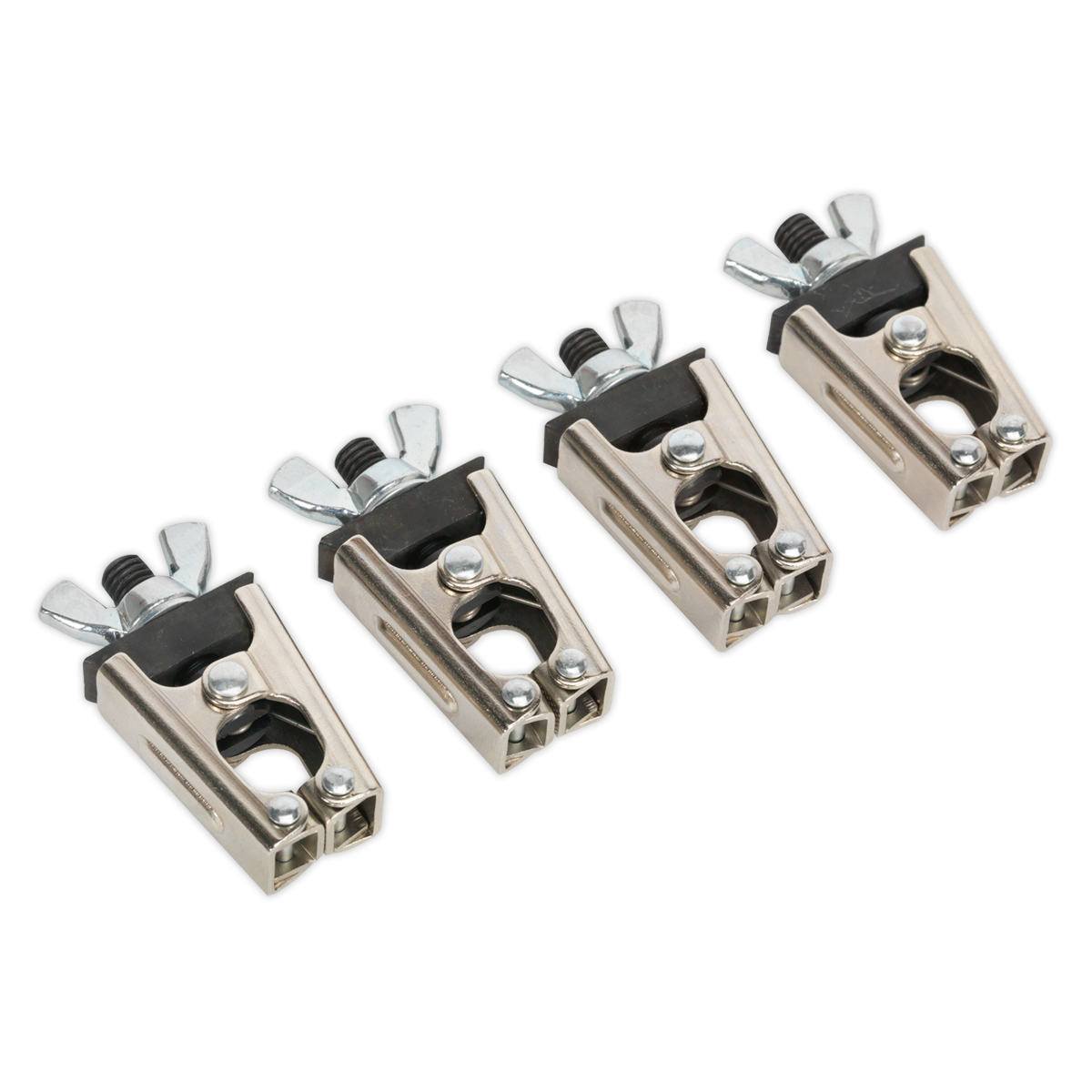 The Sealey Micro Welding Clamp Set 4pc - AK6804 includes four metal wing-nut clamps arranged in a row, specifically designed for securing objects. Each micro clamp features a screw mechanism and dual openings, providing versatile clamping applications that make them ideal for automotive or welding tasks.