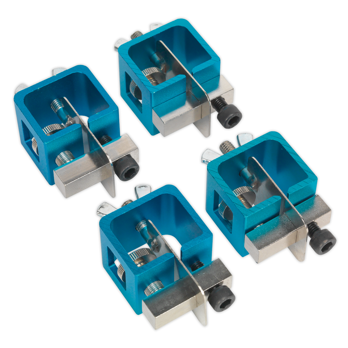 The Sealey Butt Welding Clamp Set 4pc - AK6805 includes four blue and silver metal clamps arranged in a grid pattern. Featuring adjustable screws for level adjustment, these clamps are ideal for accommodating different thickness materials. Their rectangular design with a hollow center ensures precise alignment for evenly spaced butt weld joints.