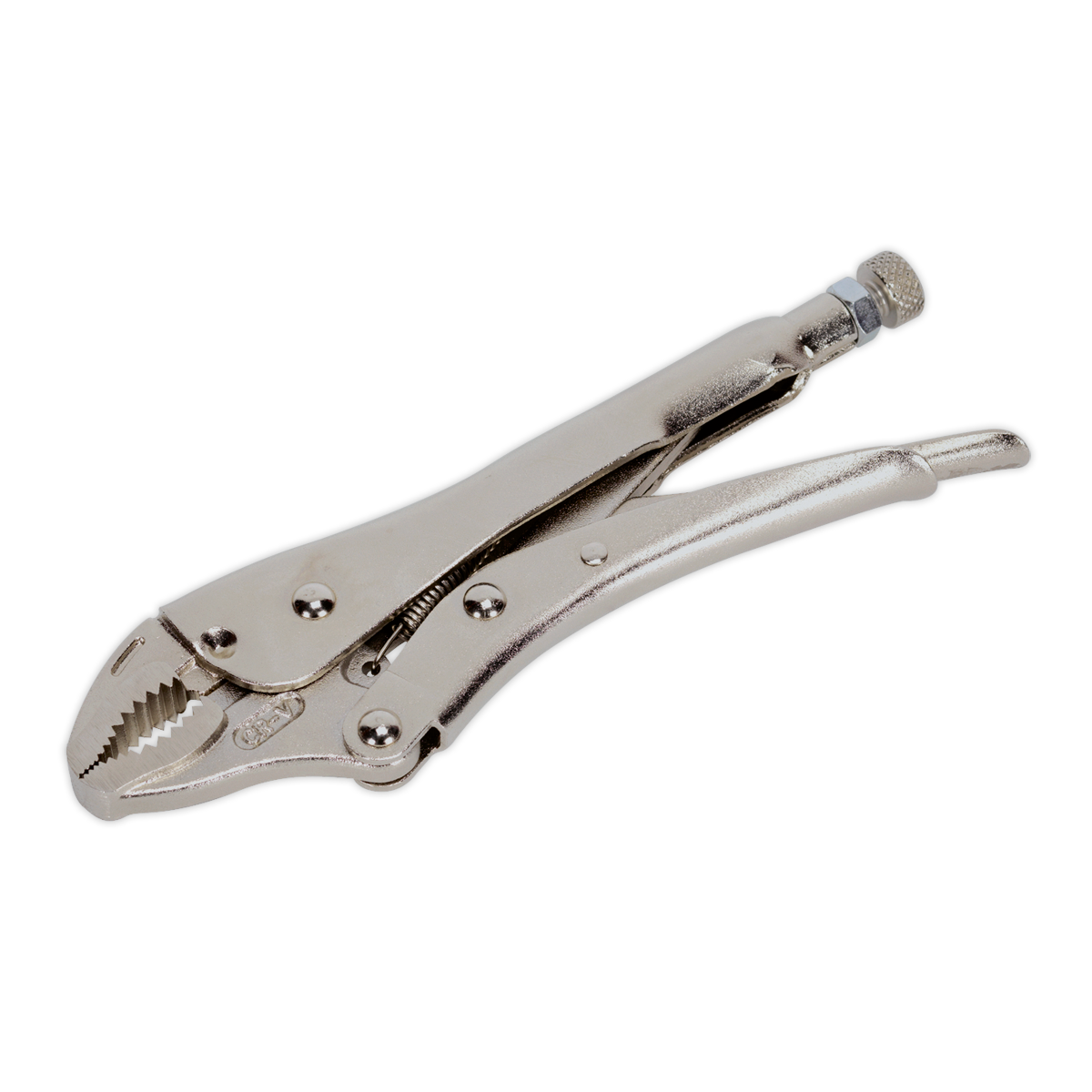 The Sealey Locking Pliers Curved Jaws 180mm 0-35mm Capacity - AK6820 is a robust steel tool made from Chrome Molybdenum steel, featuring an adjustable screw at the handle's end and serrated jaws for superior gripping of objects, designed specifically for high torque applications.