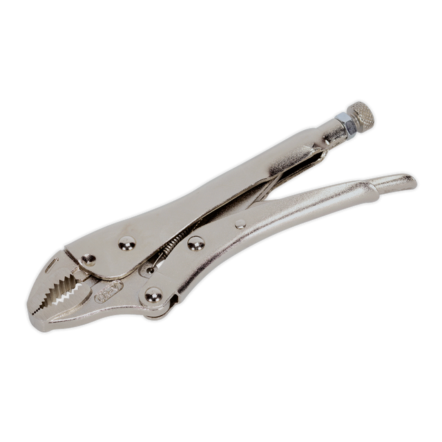 The Sealey Locking Pliers Curved Jaws 180mm 0-35mm Capacity - AK6820 is a robust steel tool made from Chrome Molybdenum steel, featuring an adjustable screw at the handle's end and serrated jaws for superior gripping of objects, designed specifically for high torque applications.