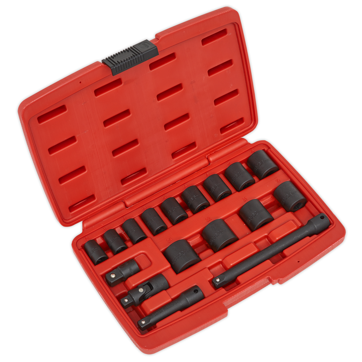 A red plastic toolbox containing a 17-piece set of black Chrome Vanadium steel WallDrive sockets and ratcheting wrenches of various sizes, all arranged in designated slots for an organized display of Sealey's Premier Hand Tools, specifically the Impact Socket Set 3/8" Sq Drive Metric - AK68217.