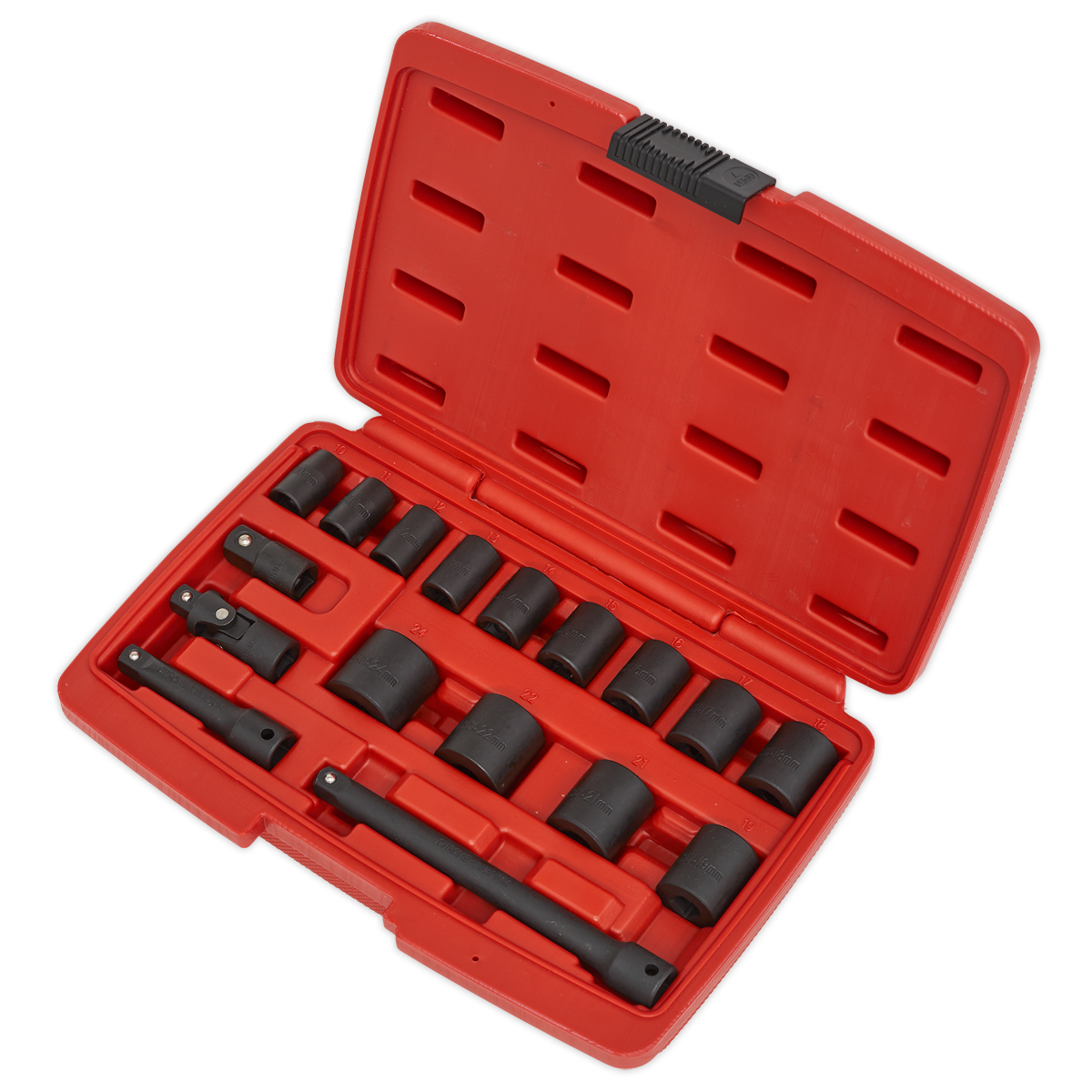 The Sealey Impact Socket Set 17pc 3/8"Sq Drive Metric - AK68217 comes in a red plastic case that opens to reveal a set of black WallDrive sockets and accessories, all organized in molded slots and crafted from durable Chrome Vanadium steel.