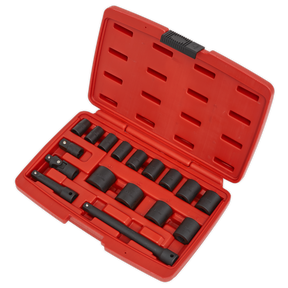 The Sealey Impact Socket Set 17pc 3/8"Sq Drive Metric - AK68217 comes in a red plastic case that opens to reveal a set of black WallDrive sockets and accessories, all organized in molded slots and crafted from durable Chrome Vanadium steel.