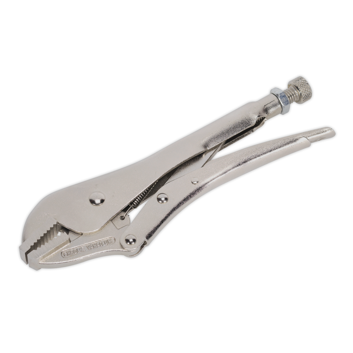 Image of a Locking Pliers Straight Jaws 230mm 0-45mm Capacity - AK6823 by Sealey, crafted from durable Chrome Vanadium steel with an adjustable screw and serrated gripping surface, ideal for professional use.