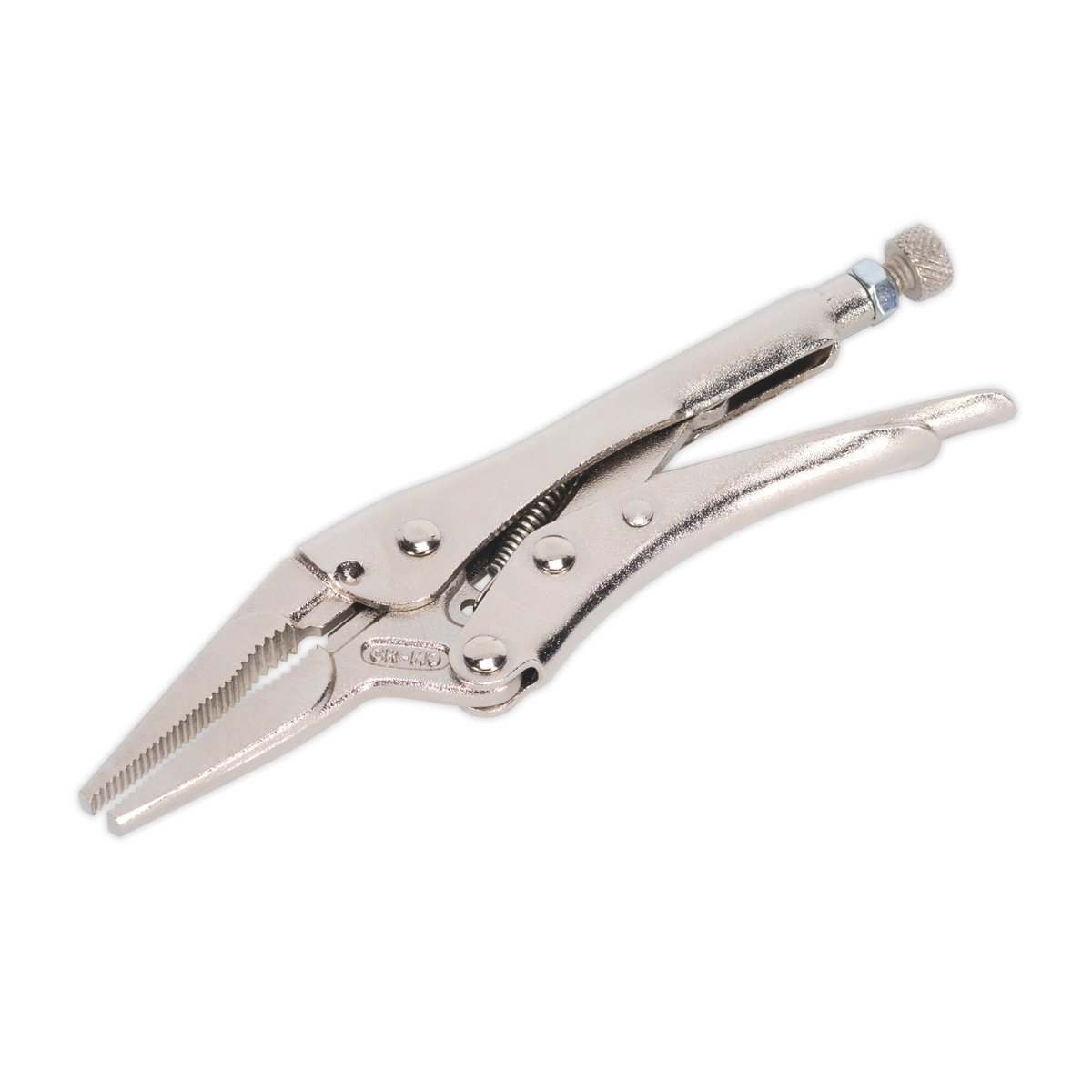 The Sealey Locking Pliers Long Nose 170mm 0-50mm Capacity - AK6824 are a pair of silver-colored locking pliers crafted from durable Chrome Vanadium, featuring an adjustable screw and curved handles. Perfect for any professional toolkit.