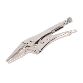 The Sealey Locking Pliers Long Nose 170mm 0-50mm Capacity - AK6824 are a pair of silver-colored locking pliers crafted from durable Chrome Vanadium, featuring an adjustable screw and curved handles. Perfect for any professional toolkit.