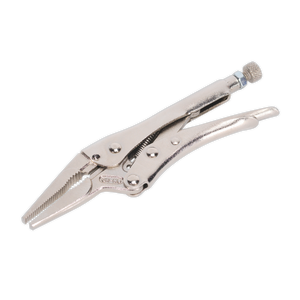 The Sealey Locking Pliers Long Nose 170mm 0-50mm Capacity - AK6824 are a pair of silver-colored locking pliers crafted from durable Chrome Vanadium, featuring an adjustable screw and curved handles. Perfect for any professional toolkit.