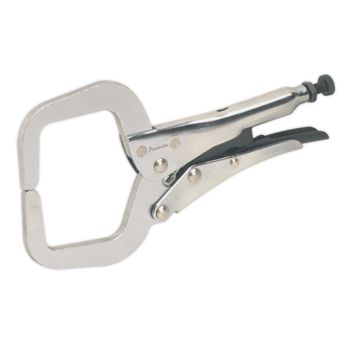 The Sealey Locking C-Clamp 165mm 0-45mm Capacity - AK6826 features a silver finish, an adjustable screw, and a quick-release lever, making it ideal for clamping material in professional use.