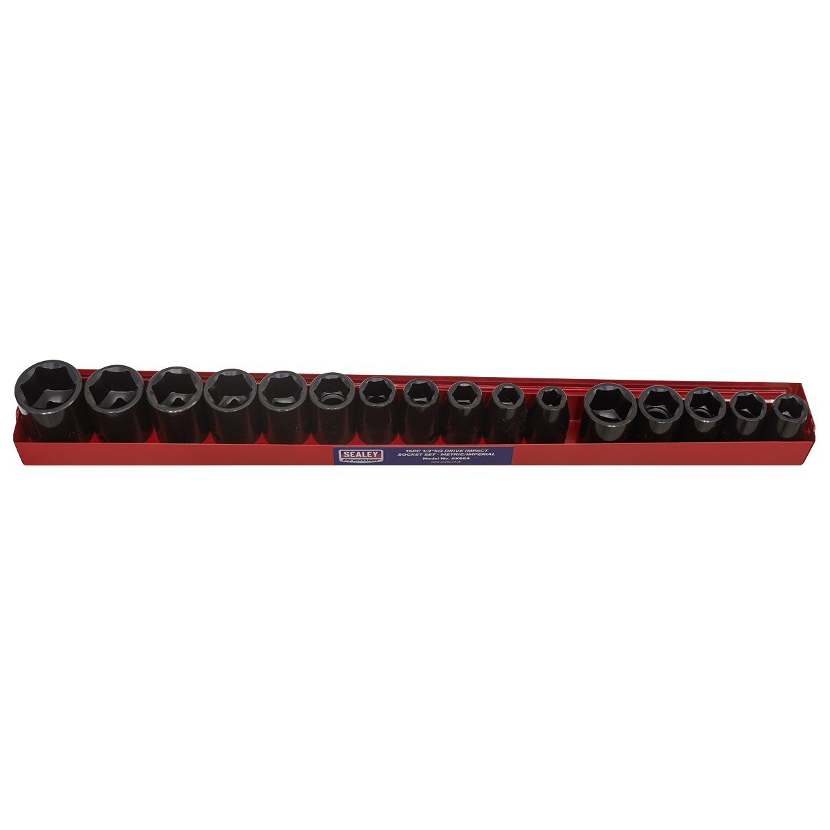 A Sealey Impact Socket Set 16pc 1/2"Sq Drive Metric/Imperial - AK684 featuring a red socket holder showcasing an array of black chrome vanadium steel impact sockets, arranged by size.