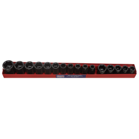 A Sealey Impact Socket Set 16pc 1/2"Sq Drive Metric/Imperial - AK684 featuring a red socket holder showcasing an array of black chrome vanadium steel impact sockets, arranged by size.