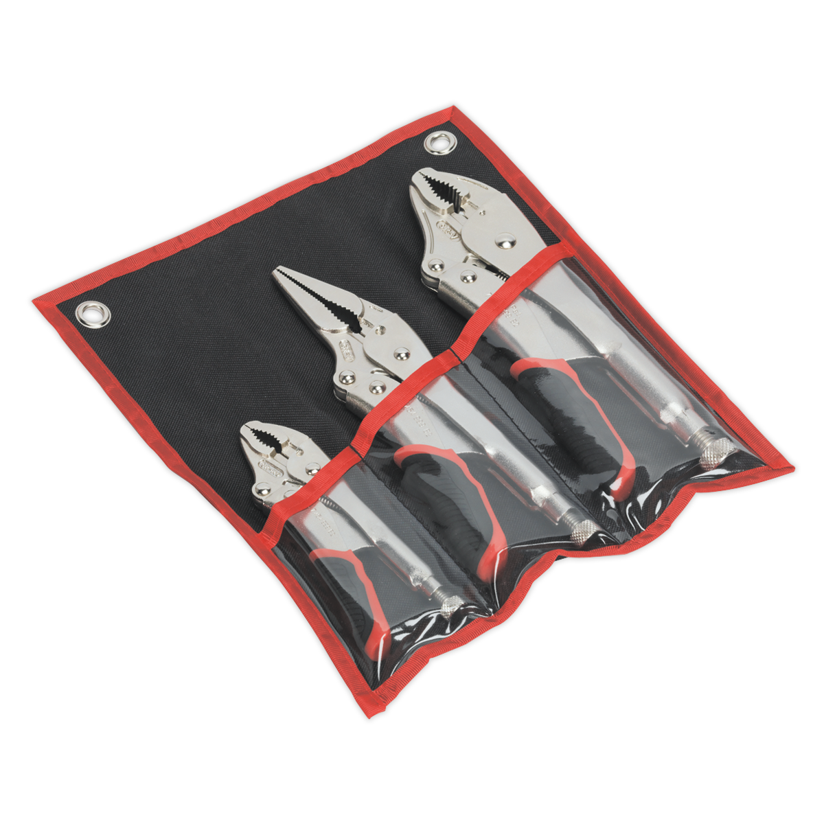 The Sealey Locking Pliers Set 3pc Quick Release - AK6863 includes three silver and black pliers featuring a curved jaw design, crafted from chrome vanadium steel in various sizes. The set comes neatly stored in a black and red roll-up pouch with transparent pockets for easy organization.