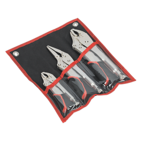 The Sealey Locking Pliers Set 3pc Quick Release - AK6863 includes three silver and black pliers featuring a curved jaw design, crafted from chrome vanadium steel in various sizes. The set comes neatly stored in a black and red roll-up pouch with transparent pockets for easy organization.