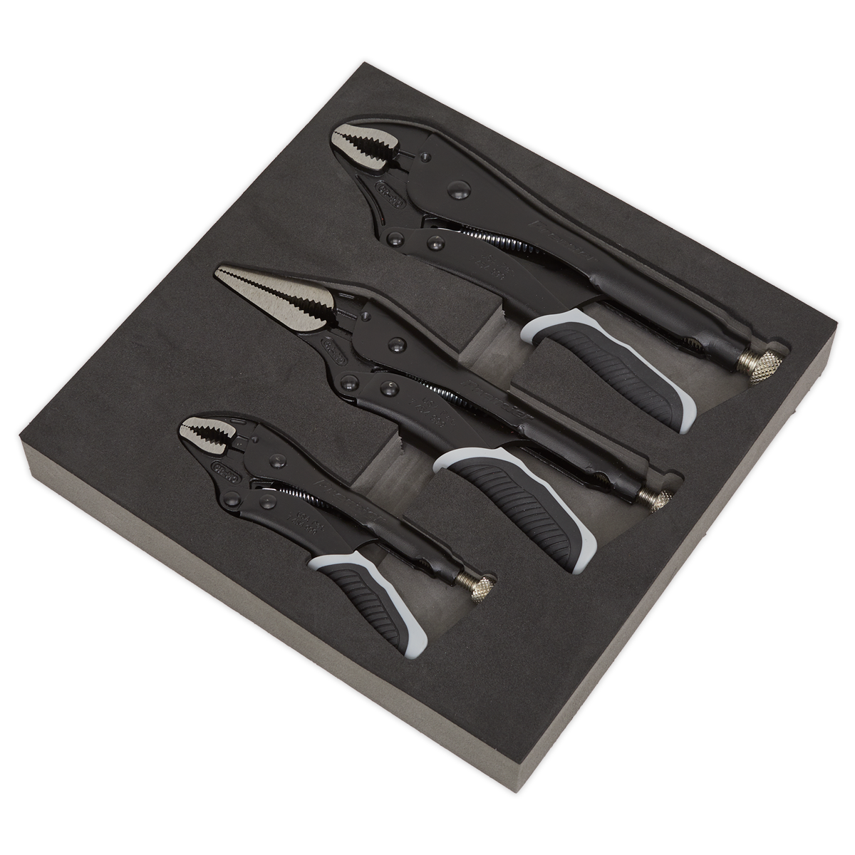 The Locking Pliers Set 3pc Quick Release - Black Series - AK6863B by Sealey includes three black and silver locking pliers of varying sizes, made from durable Chrome Vanadium steel with a quick release grip. They come neatly organized in a foam-lined case, making them an ideal addition to any toolbox for both durability and convenience.