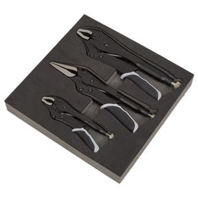 The Locking Pliers Set 3pc Quick Release - Black Series - AK6863B by Sealey includes three black and silver locking pliers of varying sizes, made from durable Chrome Vanadium steel with a quick release grip. They come neatly organized in a foam-lined case, making them an ideal addition to any toolbox for both durability and convenience.