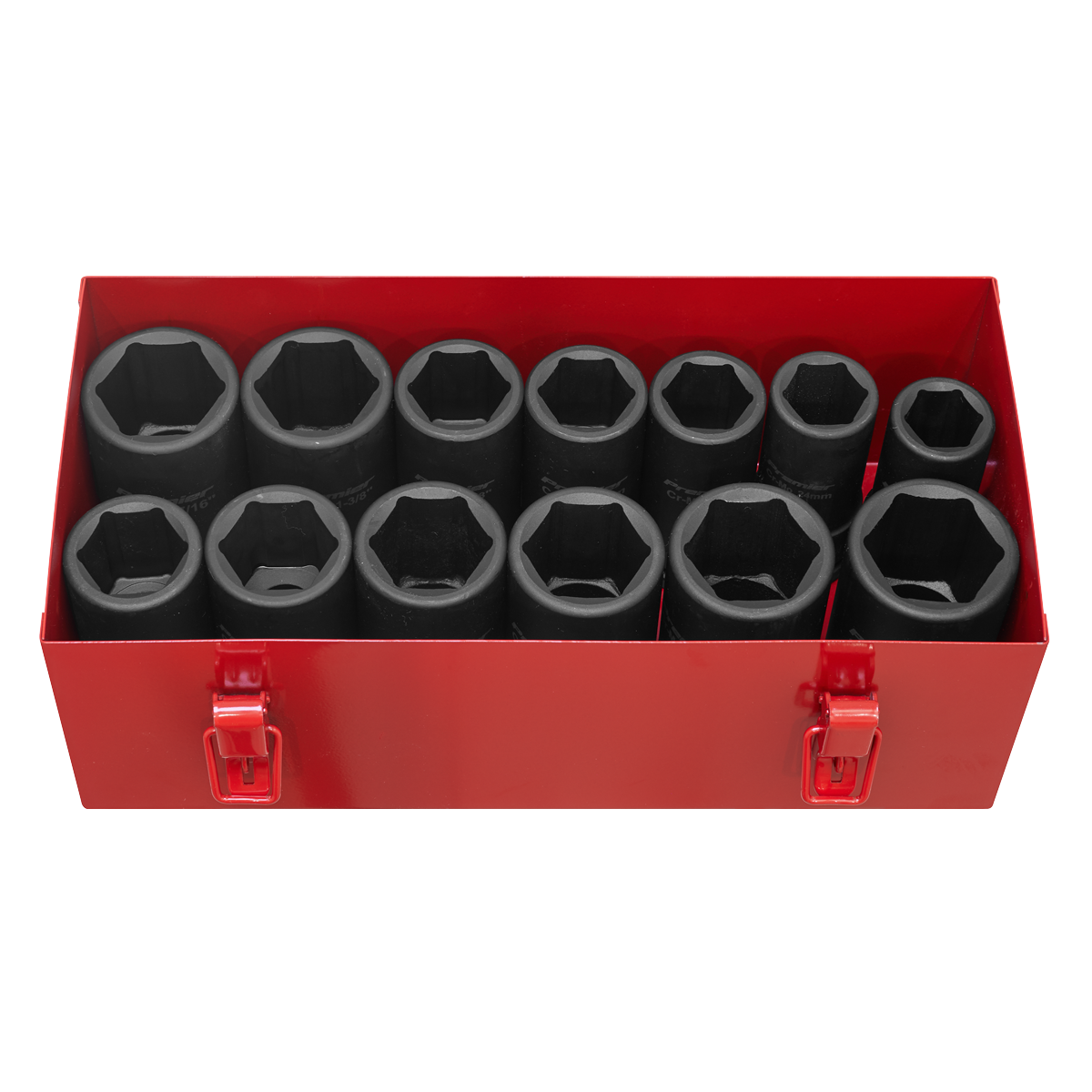 A Sealey Impact Socket Set (13-piece Deep 3/4" Square Drive Metric/Imperial - AK687) stored in a red metal toolbox, featuring large black Deep WallDrive® hexagonal socket wrenches made from Chrome Molybdenum steel.