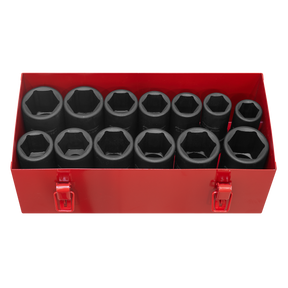 A Sealey Impact Socket Set (13-piece Deep 3/4" Square Drive Metric/Imperial - AK687) stored in a red metal toolbox, featuring large black Deep WallDrive® hexagonal socket wrenches made from Chrome Molybdenum steel.