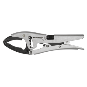 A pair of metallic locking pliers with a textured handle and a release lever. The jaws, made from Chrome Molybdenum, and mechanism areas are black and silver. The tool is labeled "Sealey" on the handle, goes by the model name "Locking Pliers 250mm Extra-Wide Opening - AK6870," and comes with a lifetime guarantee.