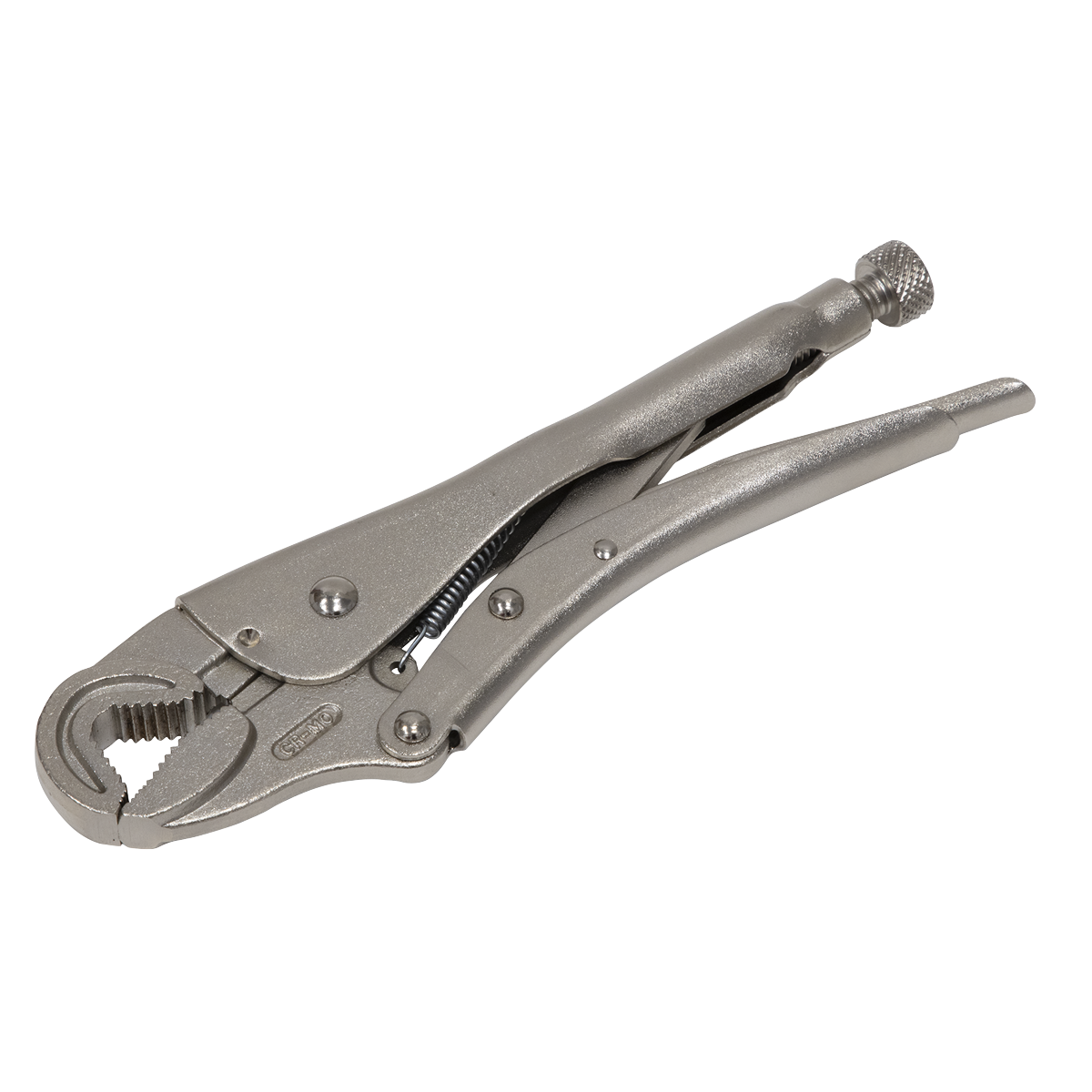 A pair of Sealey Locking Pliers Round Jaws 235mm (0-50mm Capacity) with an adjustable screw at the handle and serrated jaws designed for gripping objects securely.