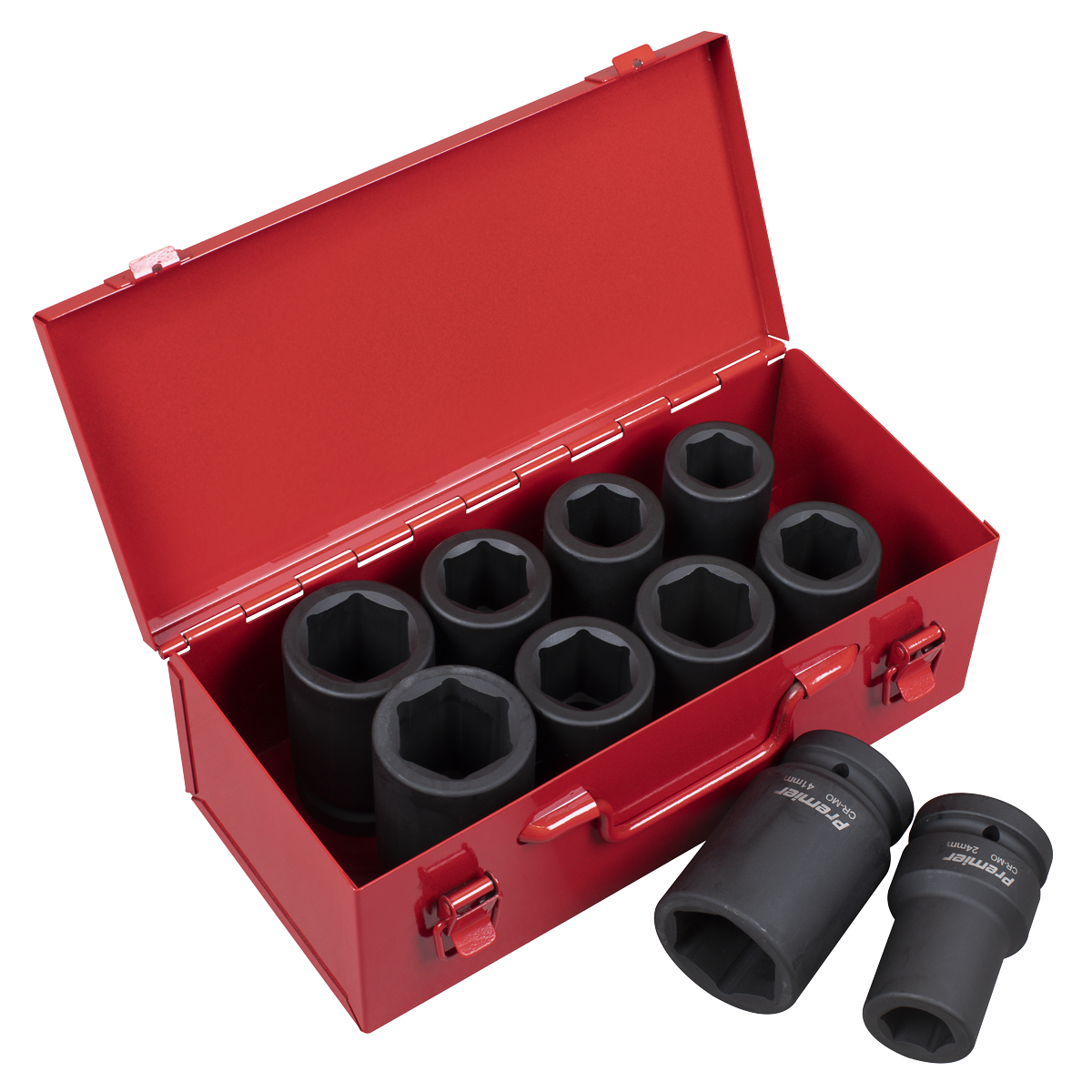 A red metal case containing the Sealey Impact Socket Set 10pc Deep 1"Sq Drive Metric/Imperial - AK689, featuring eight large black socket wrenches crafted from durable Chrome Molybdenum, with two additional Deep Walldrive Sockets placed outside the case.