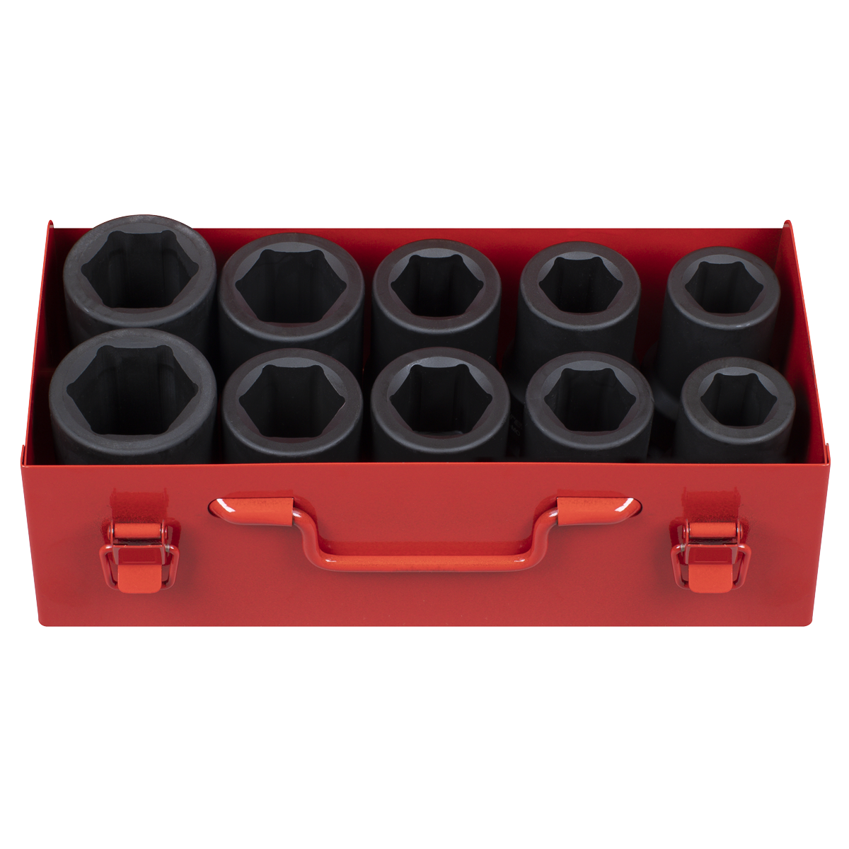 A red metal toolbox from Sealey, the Impact Socket Set 10pc Deep 1"Sq Drive Metric/Imperial - AK689, containing ten large black Chrome Molybdenum socket wrenches arranged in two rows.