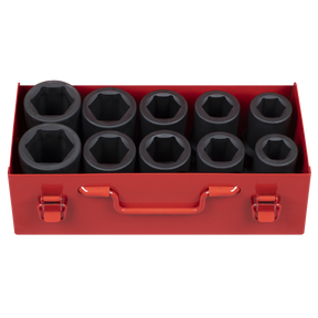 A red metal toolbox from Sealey, the Impact Socket Set 10pc Deep 1"Sq Drive Metric/Imperial - AK689, containing ten large black Chrome Molybdenum socket wrenches arranged in two rows.