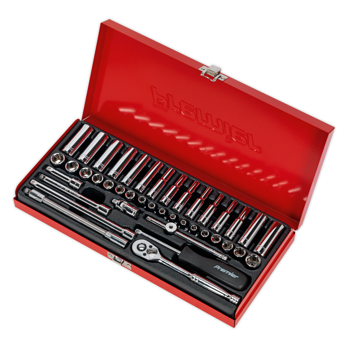 A red toolbox with an open lid, featuring the Sealey Socket Set 41pc 1/4"Sq Drive 6pt WallDrive® - Metric/Imperial (AK690) with neatly arranged chrome ratchets, sockets, and extensions.