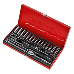 A red toolbox with an open lid, featuring the Sealey Socket Set 41pc 1/4"Sq Drive 6pt WallDrive® - Metric/Imperial (AK690) with neatly arranged chrome ratchets, sockets, and extensions.