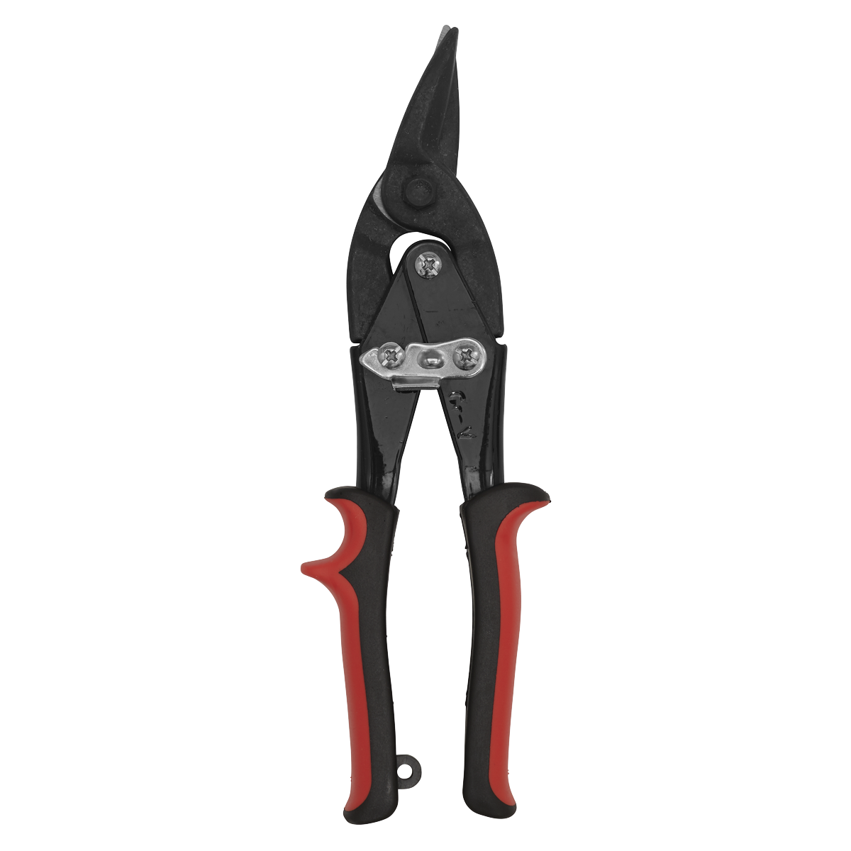 The Sealey Aviation Tin Snips Left Cut - AK6905 are a pair of black metal aviation snips with red and black rubber grip handles, featuring self-opening handles and drop-forged, tempered steel blades designed for cutting sheet metal.