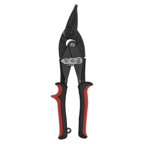 The Sealey Aviation Tin Snips Left Cut - AK6905 are a pair of black metal aviation snips with red and black rubber grip handles, featuring self-opening handles and drop-forged, tempered steel blades designed for cutting sheet metal.