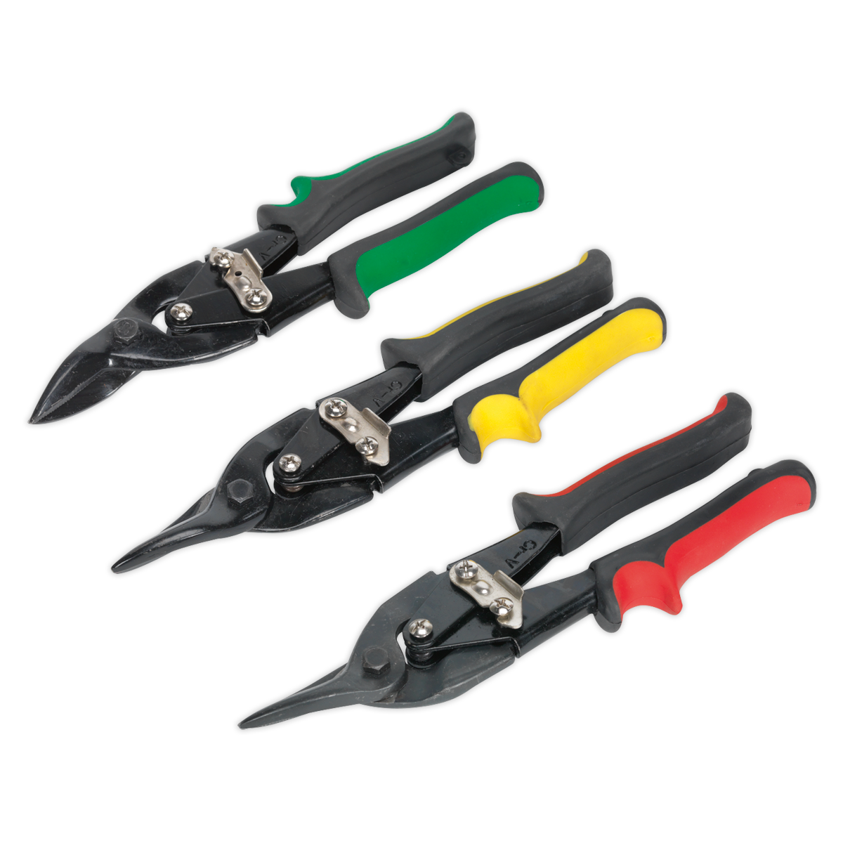 The Sealey Aviation Tin Snips Set 3pc (AK6907) features three snips with colored handles in green, yellow, and red, neatly arranged in a row. Each pair of snips is designed with black tempered steel blades and ergonomic, self-opening handles.