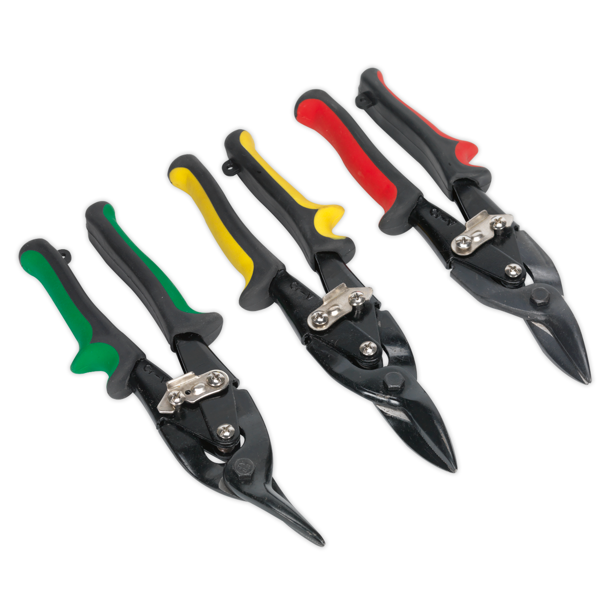 Three pairs of the Sealey Aviation Tin Snips Set (AK6907), each featuring tempered steel blades and distinct handle colors—green, red, and yellow—arranged in a row.