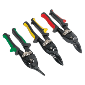 Three pairs of the Sealey Aviation Tin Snips Set (AK6907), each featuring tempered steel blades and distinct handle colors—green, red, and yellow—arranged in a row.