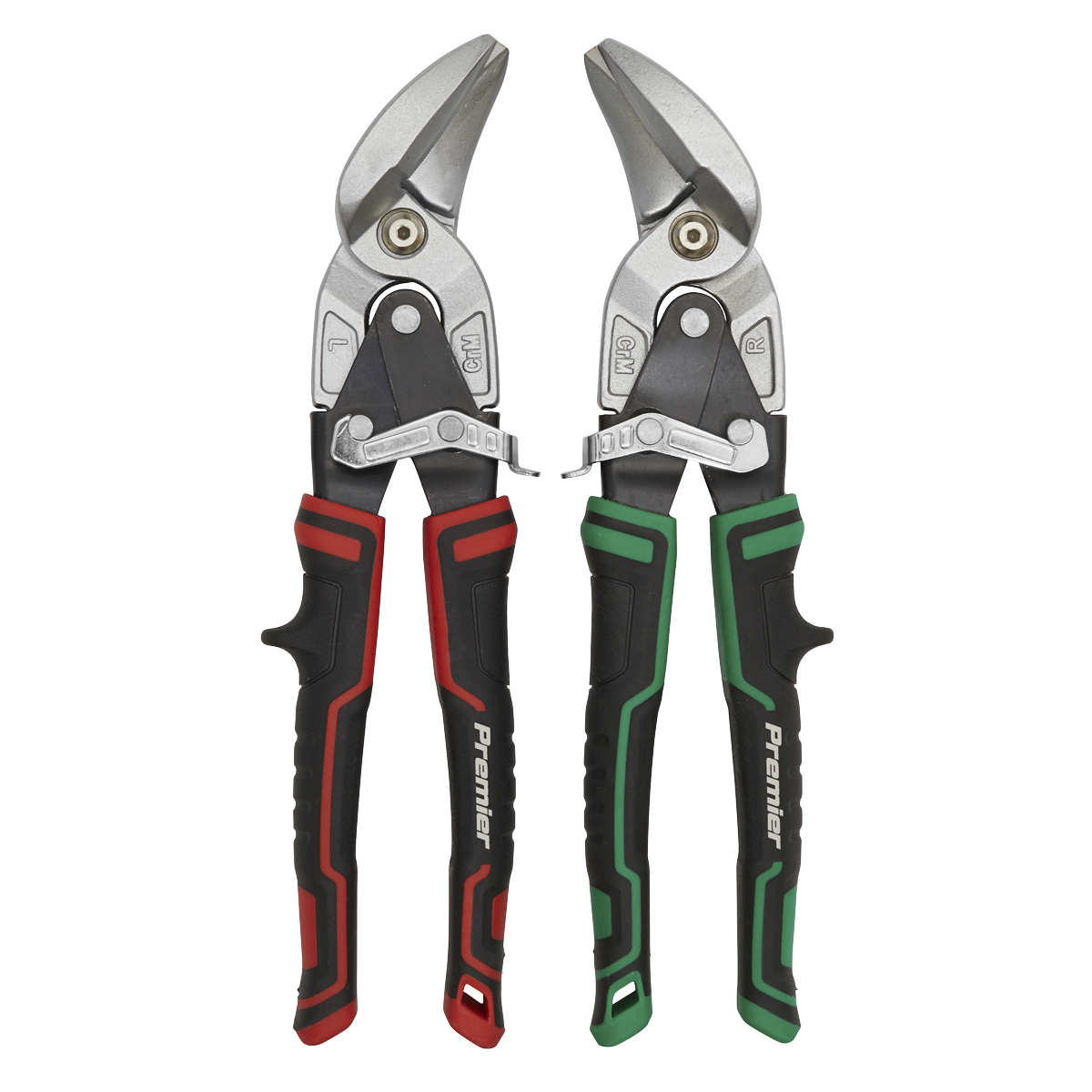 The Sealey High Leverage Offset Aviation Tin Snip Set 2pc - AK69072 includes two pairs of metal snips with black and red, and black and green handles. Both snips, labeled "Premier," feature a metallic finish, serrated jaws, drop-forged steel blades, and a locking mechanism. Enjoy peace of mind with our lifetime guarantee.
