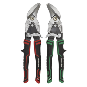 The Sealey High Leverage Offset Aviation Tin Snip Set 2pc - AK69072 includes two pairs of metal snips with black and red, and black and green handles. Both snips, labeled "Premier," feature a metallic finish, serrated jaws, drop-forged steel blades, and a locking mechanism. Enjoy peace of mind with our lifetime guarantee.
